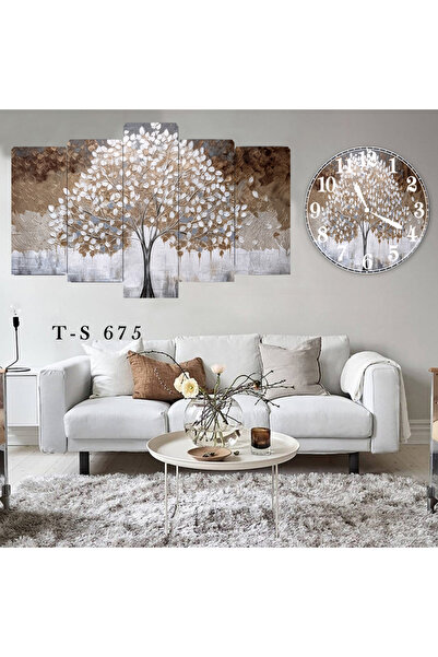 BellaaaModa Çiçekli Dekoratif Desenli Mdf Tablo 5 Parça Set ve Saatli Takım, ...