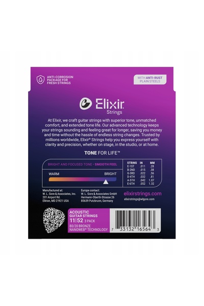 NO BRAND Elixir 16564 nanoweb 11-52 corzi pentru chitară acustică pachet de 3...
