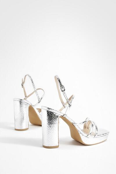 NO BRAND Sandale stiletto argintii metalice cu imprimeu animal, cu barete Boo...
