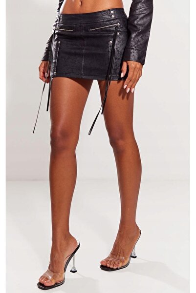 NO BRAND Fustă mini neagră cu talie medie, cu model, Prettylittlething 36