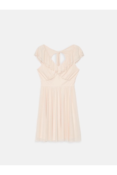 NO BRAND Rochie de cocktail clasică, uni, bej, mini, cu volane și șnururi, mă...