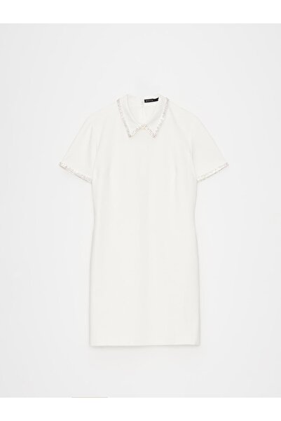 NO BRAND Rochie albă, mini, cu guler decorativ, stil simplu, mânecă scurtă, 32