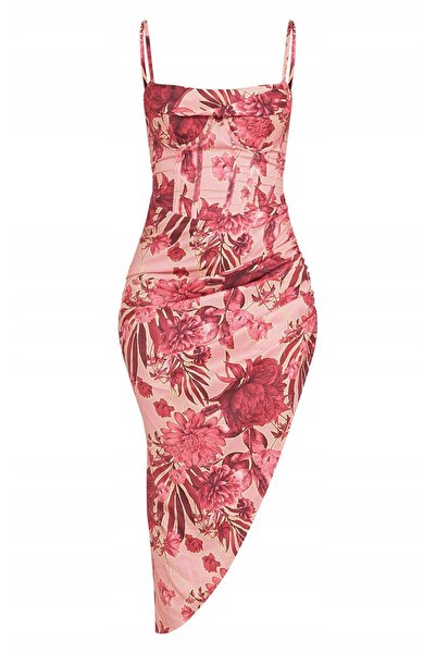 NO BRAND Rochie asimetrică roz cu imprimeu floral, de cocktail, Prettylittlet...