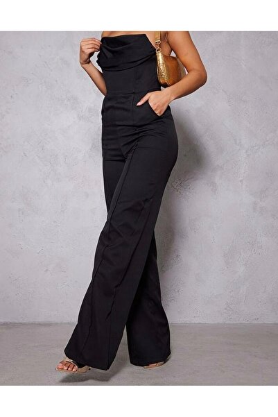 NO BRAND Salopetă neagră, netedă, clasică, cu picior larg, PRETTYLITTLETHING 32