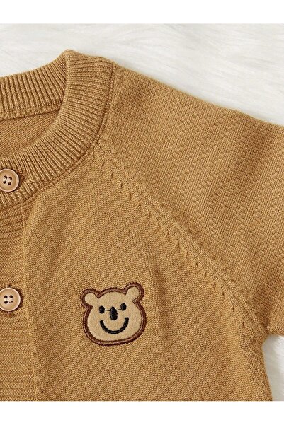 NO BRAND Pulover din bronz cu nasturi, cu broderie cu urs, mâneci lungi, Shei...