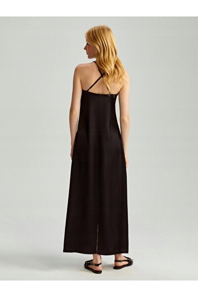 NO BRAND Rochie Midaxi din satin negru cu bretele, netedă, clasică, House m