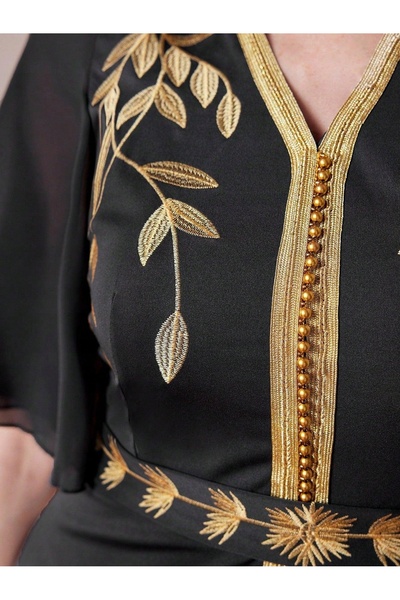 NO BRAND Rochie Maxi Gri închis Clasic Broderie aurie Decolteu în V Shein L