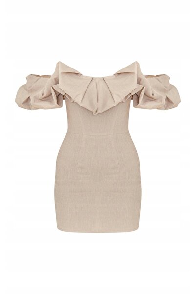 NO BRAND Prettylittlething Rochie mini mulată bej cu umerii goi 40