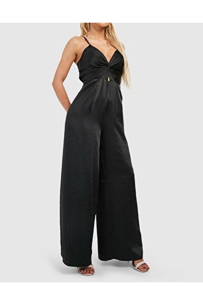 NO BRAND Salopetă lungă neagră din satin, cu bretele, BOOHOO, mărimea 44