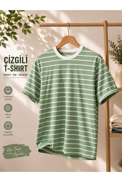 Çizgili Bisiklet Yaka Unisex Tişört