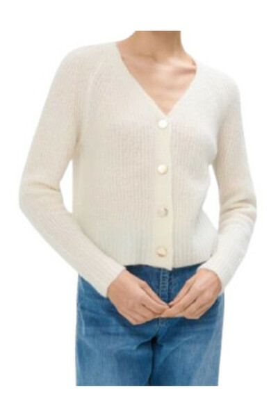 NO BRAND Cardigan cremos, cu mâneci lungi, decolteu în V, deschis în față, Mo...