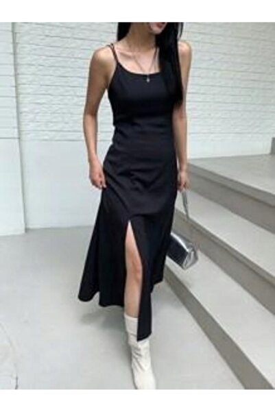 NO BRAND Rochie maxi din satin neagră, cu spatele deschis, bretele, șliț, Daz...