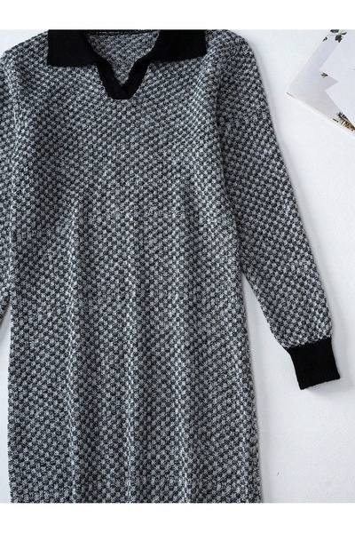 NO BRAND Shein 164 Rochie tricotată cu guler drept, gri-negru, cu model
