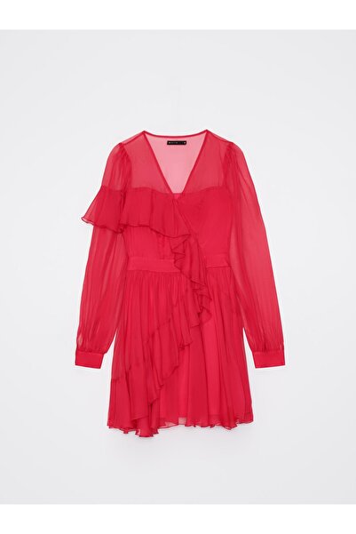NO BRAND Rochie clasică roșie evazată cu volane, cu mânecă lungă, mohito 38