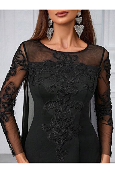 NO BRAND Rochie maxi neagră, tip creion, cu mânecă lungă, broderie plasă, pel...