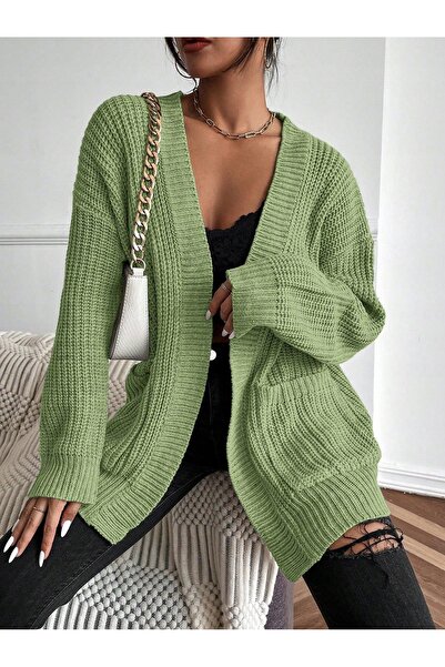 NO BRAND Pulover Cardigan tricotat verde cu buzunar Shein 40