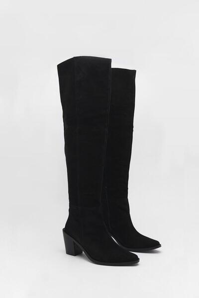 NO BRAND Cizme clasice negre din piele întoarsă ecologică, cu cusături pe căl...