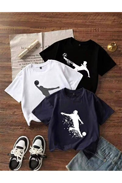 MORNİNG KİDS Boys' Football and Basketball Printed 3-Piece T-Shirt (Navy Blue...