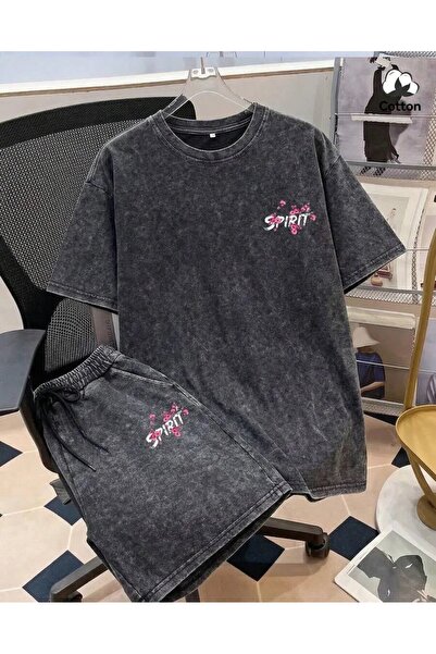 LAND MODA Men's Street Style Graphic Tee and Shorts Set, Stretchy Washed Blac...