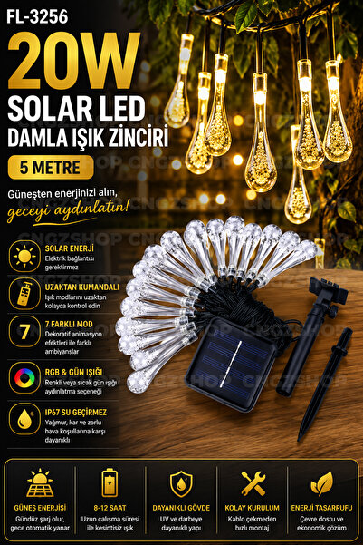CNGZSHOP FL-3256 20W Solar LED Damla Işık 2 Adet Zinciri 5 Metre IP67 Uzaktan Kumandalı 7 Mod RGB ve Gün Işığ