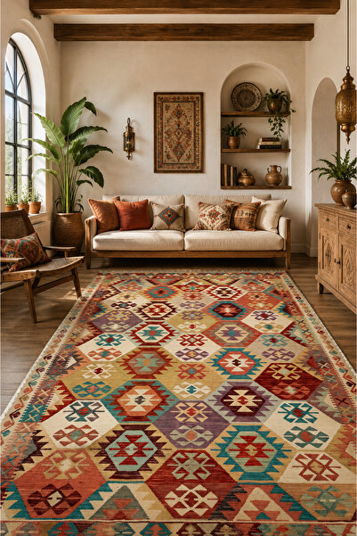 Fuly Consept Home Design Anadolu Motifli Renkli Yolluk Halı Krem Turkuaz Kire...