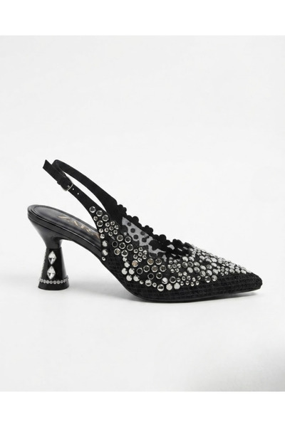 Enes Ayakkabıcılık Women's 7 cm Round Heeled Evening Dress Shoes with Stone D...