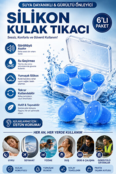 CNGZSHOP 6'lı Silikon Kulak Tıkacı Gürültü Önleyici Su Geçirmez Yumuşak Kulak...