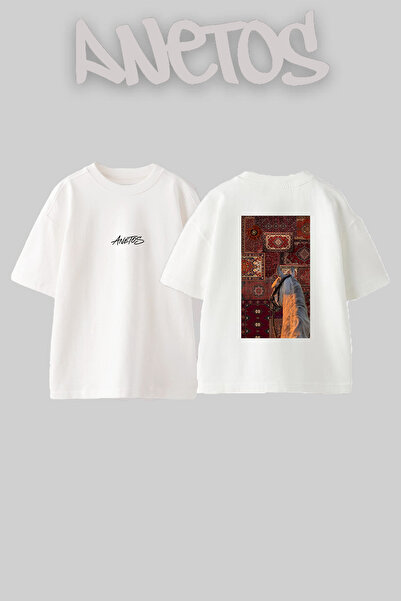Anetos White Horse Rug Design Back Printed Cotton White Oversize T-Shirt