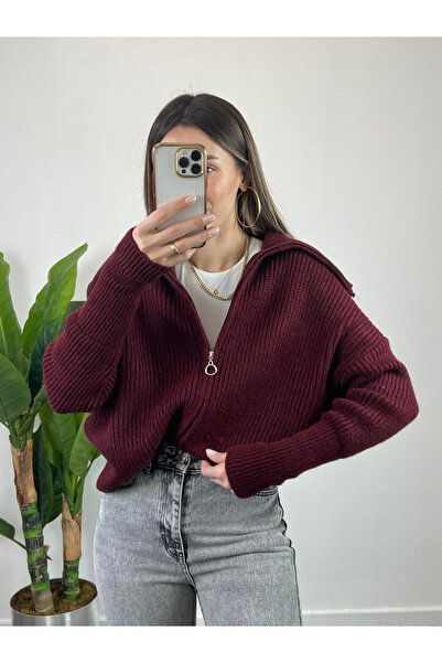 Nopen Knitwear Kadın Fermuarlı Devrik Yaka Triko Hırka