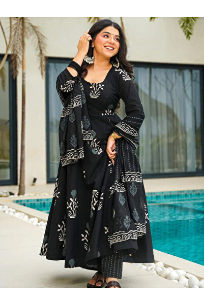 MYSMAR Black Viscose Cotton Embroidered Salwar Kameez Dupatta - ALV2013-BlacK...