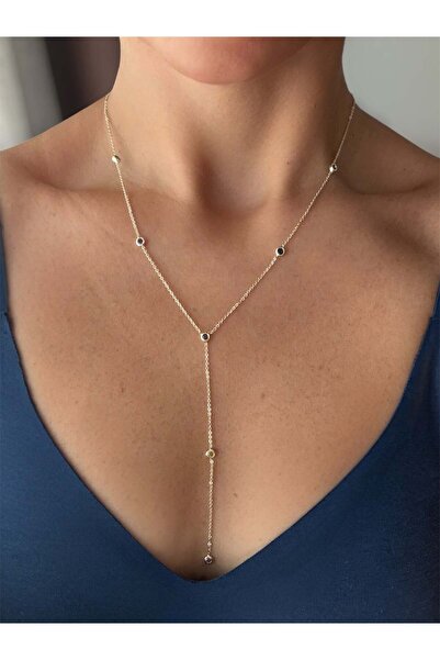 14K gold renk altın kaplama Y form dekolte kolyesi renkli taşlı