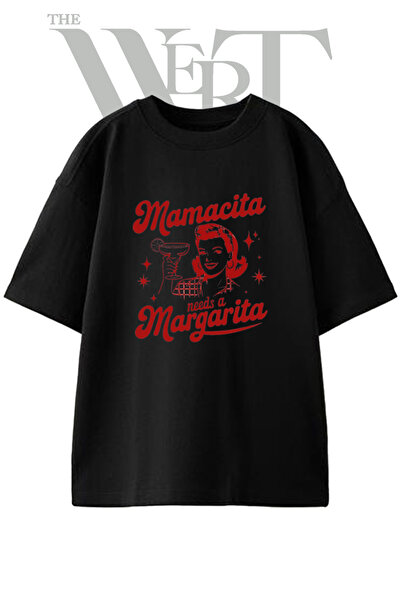 THEWERT Pinup Margarita Design Printed Unisex Black Oversize T-Shirt