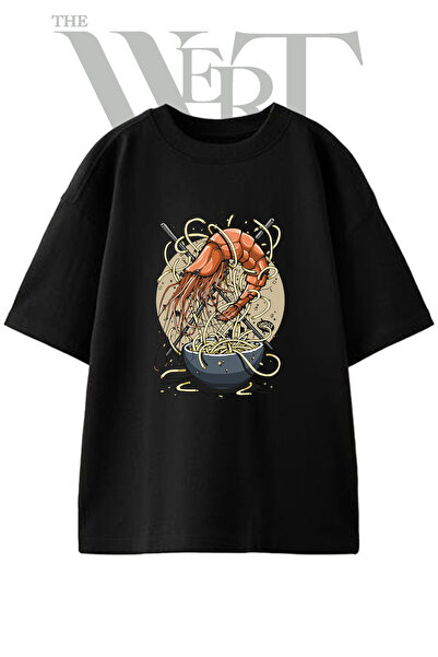 THEWERT Shrimp Noodle Design Printed Unisex Black Oversize T-Shirt