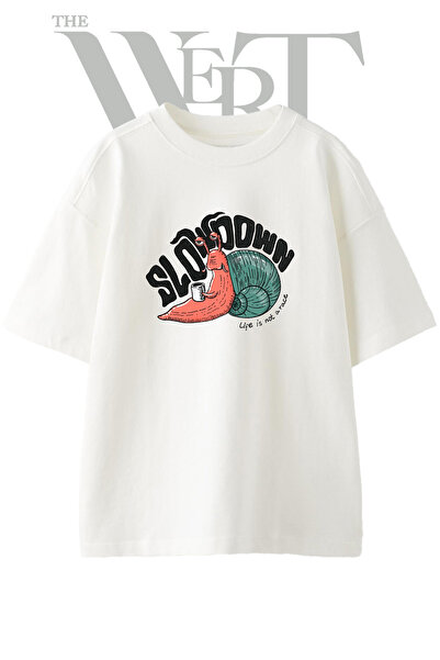 THEWERT Slowdown Snail Design Printed Unisex White Oversize T-Shirt
