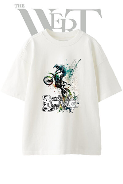 THEWERT تي شيرت أبيض كبير الحجم مطبوع بتصميم Motocross Jump للجنسين