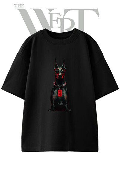 THEWERT تي شيرت أسود كبير الحجم مطبوع بتصميم Red Eyed Doberman للجنسين