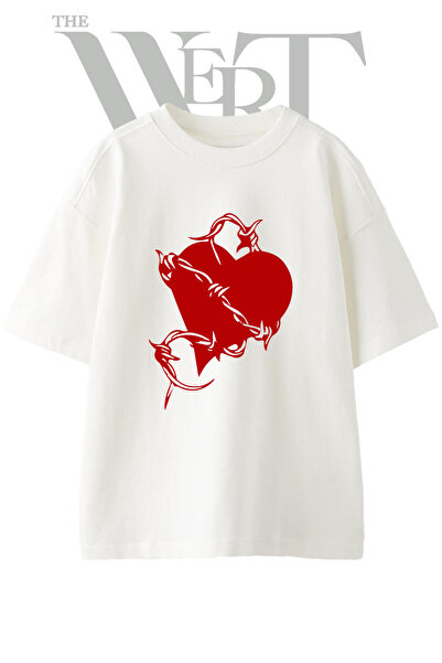 THEWERT Barbed Heart Design Printed Unisex White Oversize T-Shirt