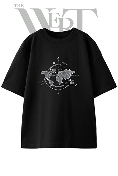 THEWERT Μπλουζάκι Unisex Μαύρο Oversize με τυπωμένο σχέδιο ταξιδιωτικού χάρτη