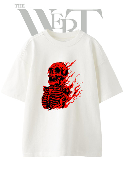 THEWERT Dizajn "Burning Skeleton" na unisex beloj oversize majici