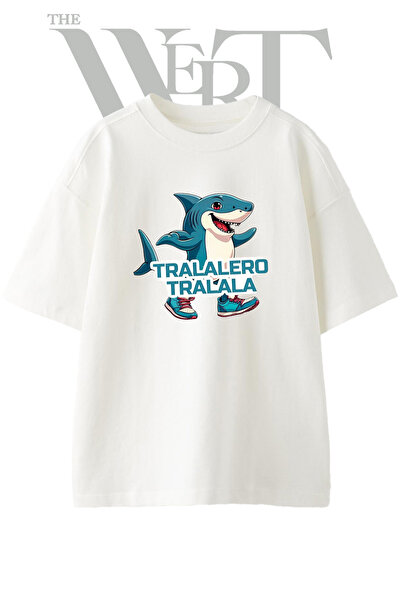 THEWERT Cartoon Shark Design Printed Unisex White Oversize T-Shirt