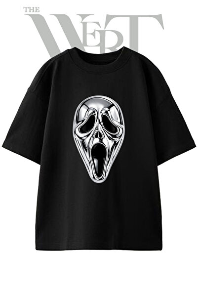 THEWERT Μπλουζάκι με σχέδιο μάσκας Ghostface, τυπωμένο, unisex, μαύρο, oversized