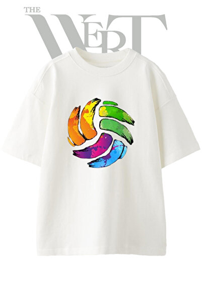 THEWERT Colorful Volleyball Design Printed Unisex White Oversize T-Shirt