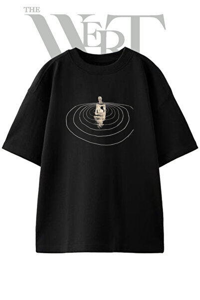 THEWERT Sculpture Waves Design Printed Unisex Black Oversize T-Shirt