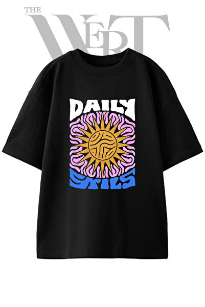 THEWERT تي شيرت أسود كبير الحجم مطبوع بتصميم Psychedelic Sun للجنسين