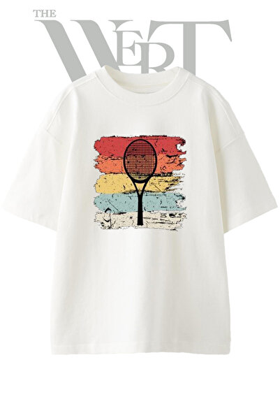 THEWERT Tricou oversize alb unisex cu imprimeu cu design rachetă de tenis vin...
