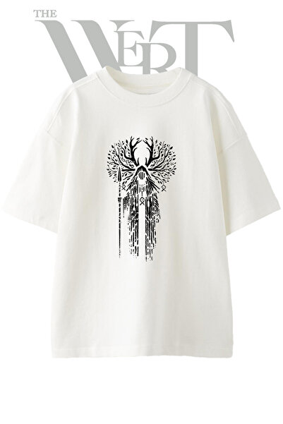 THEWERT Tricou oversize alb unisex cu imprimeu Horned God Design