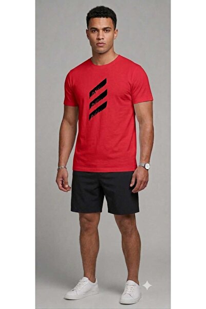 YK WEAR طقم شورت وتي شيرت مطبوع عليه ثلاث خطوط للرجال
