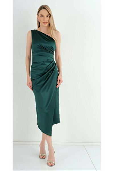 Hazel Women's Emerald Green One-Shoulder Draped Satin Midi Evening Dress