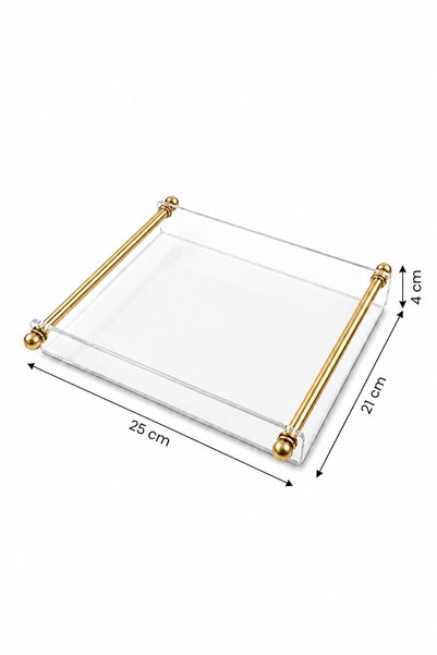 Leila 2 Adet Kristal Mika Sunum Tepsisi - Altın Metal Kulplu Şeffaf 25x21 cm