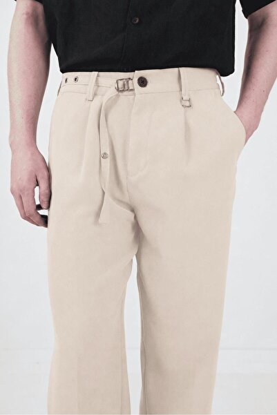GIESTO Textured Thin Belted Beige Pleated Pants